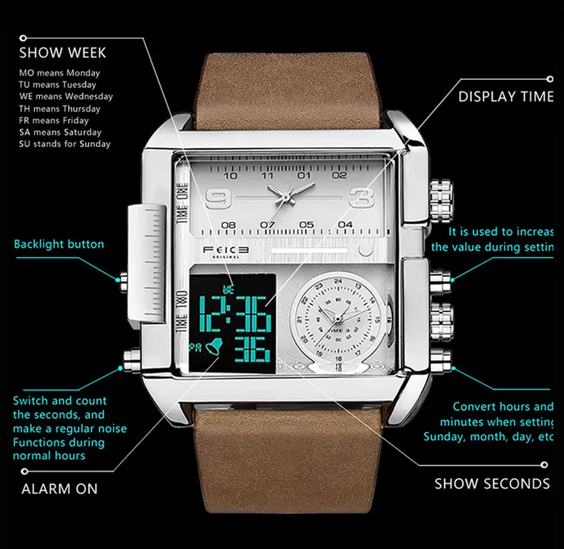 Watch Oversized Square Dial Multi-Function Sports Quartz Watches Men's Clock Man Backlight Watch Fashion Casual Style Orologio