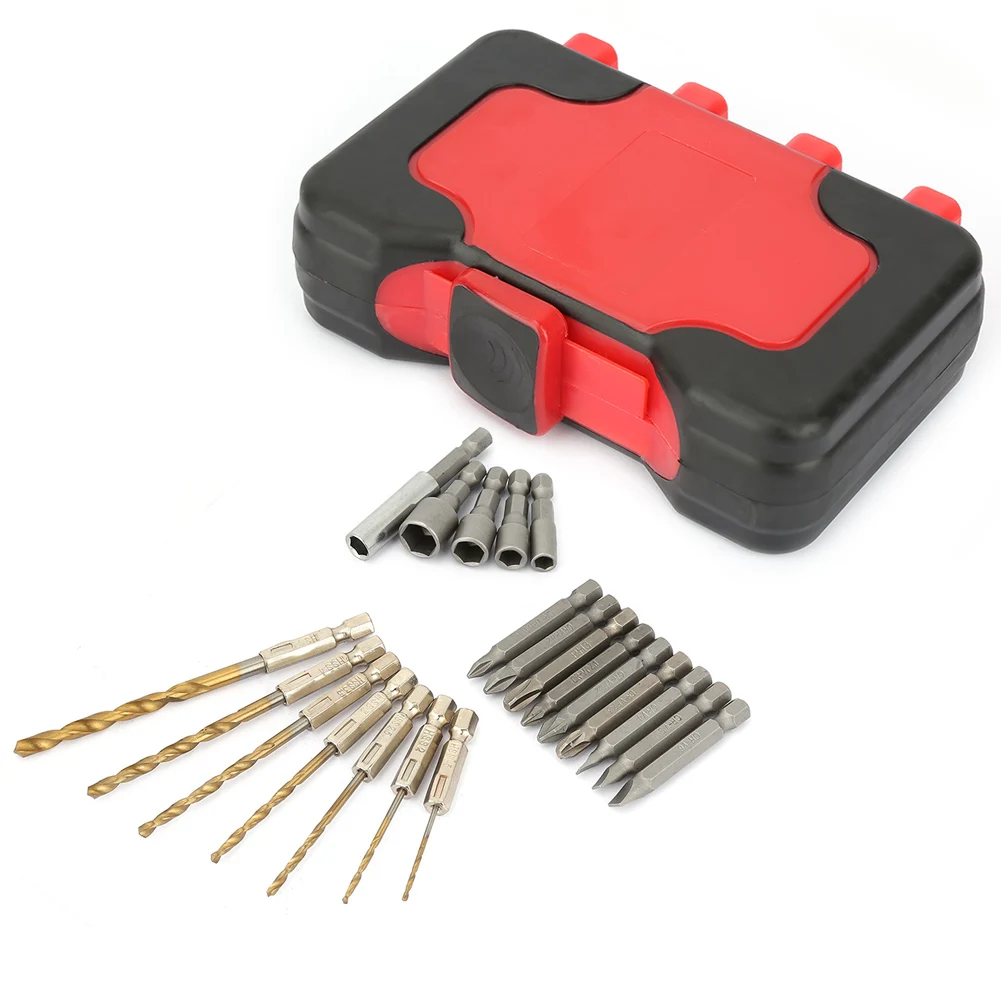 Screwdriver and Drill Bit Set 21-piece Professional Hex Shank Screwdriver and Drill Bit Set with Red Plastic Box