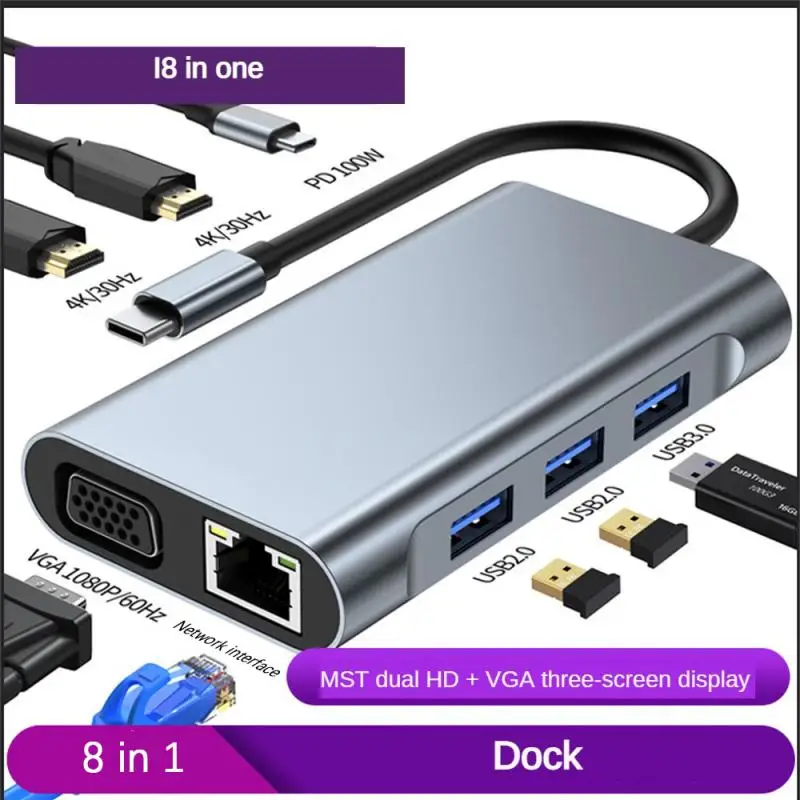 

Док-станция 8 в 1, USB Type-C, OTG, Vga, RJ45, PD100W