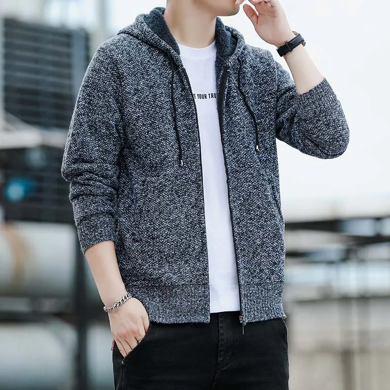 Hooded Men's Knitted Spring and Autumn Style Plush Men's 2023 Korean Version Trend Loose Zipper Pocket Versatile Sweater Jacket