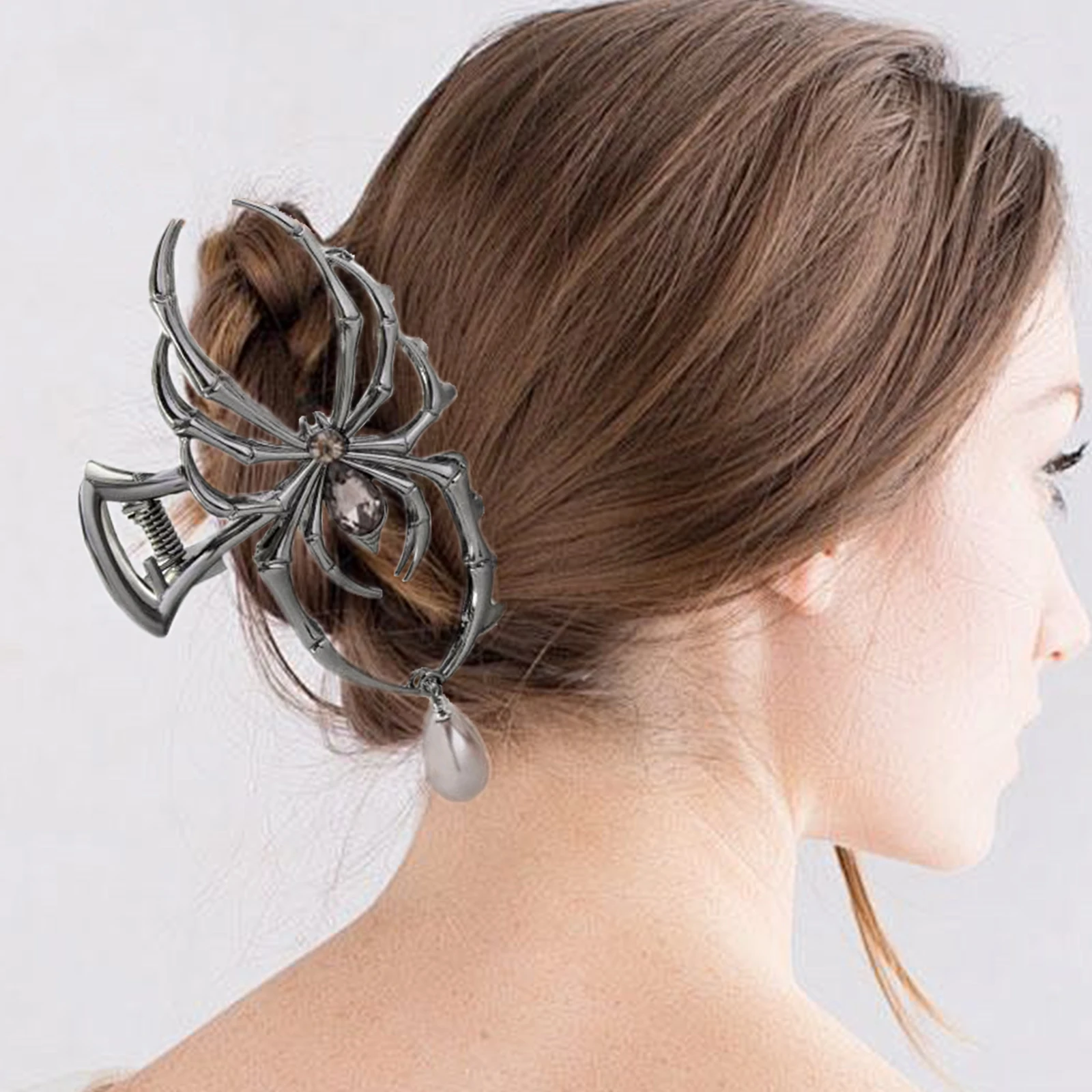 3PCS Halloween Sliver Spider Hair Claw Clips with Pearl Charm Design,Metal Gothic Punk Hair Clips Strong Hold Hair Accessories