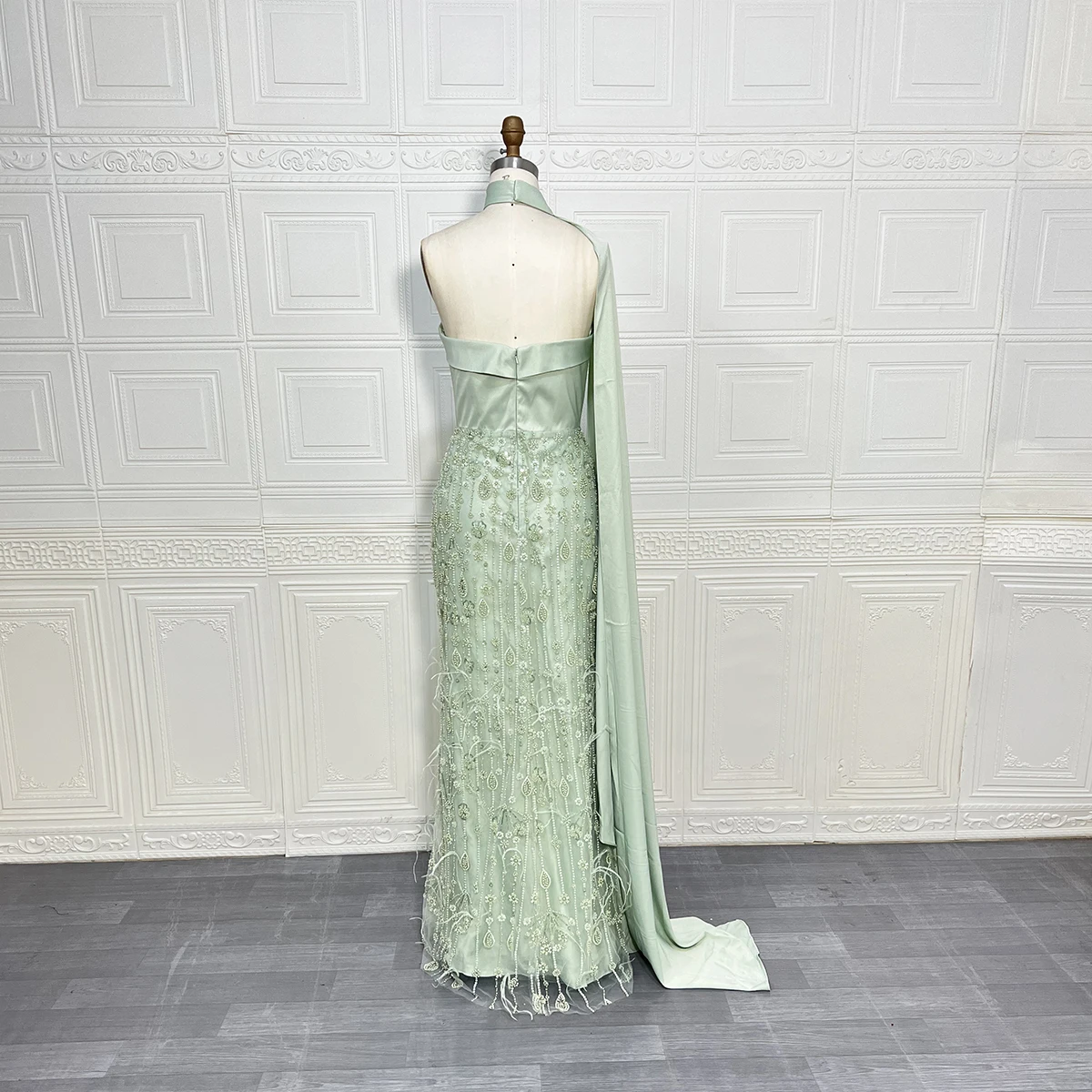 Luxury Sage Green Elegant Feather Evening Dress with Scarf Cape Elegant  Strapless Dubai Women Wedding Party Customized - AliExpress 320