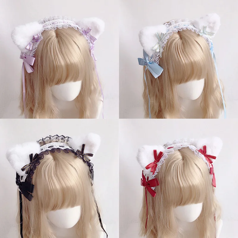 

Kawaii Girls Lolita Headband Cat Ears Bow Tie Bell Head Hoop Sweet Hair Band Lace Ribbon Headdress Lolita Cosplay Accessories