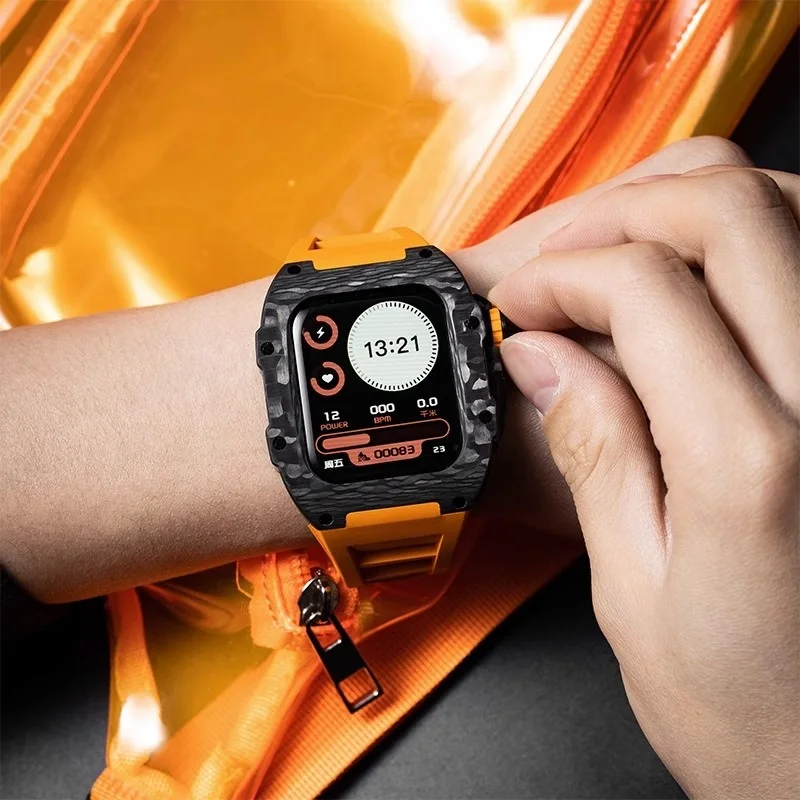 Carbon Fiber Material Strap for Apple Watch, Case, banda de luxo, S9, 8, 7, 6, 5, 4, SE, 44mm, 45mm, novo, 2022