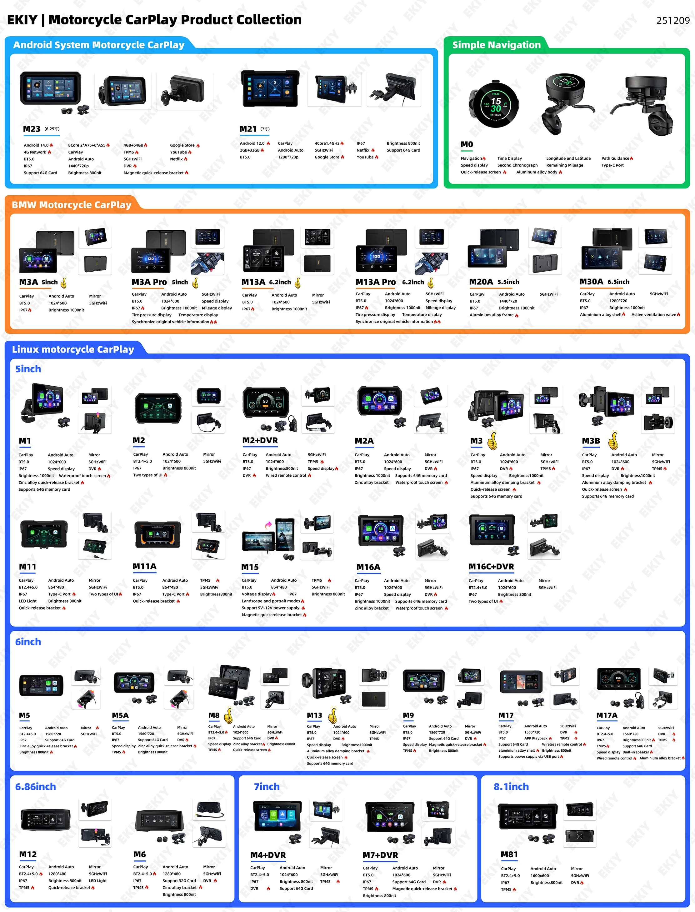 EKIY 6인치 오토바이 터치스크린 오토바이 카플레이 내비게이션 GPS 안드로이드 14.0 4+64GB 무선 카플레이 안드로이드 오토