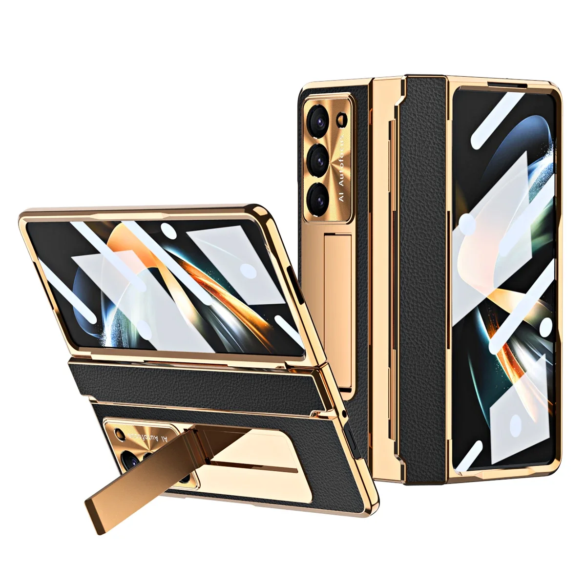 Plating Hinge Cover For Samsung galaxy Z Fold 5 4 3 Case Leather Hard PC Holder Slim With Flim Case For Galaxy Z Fold 5 5G Cover