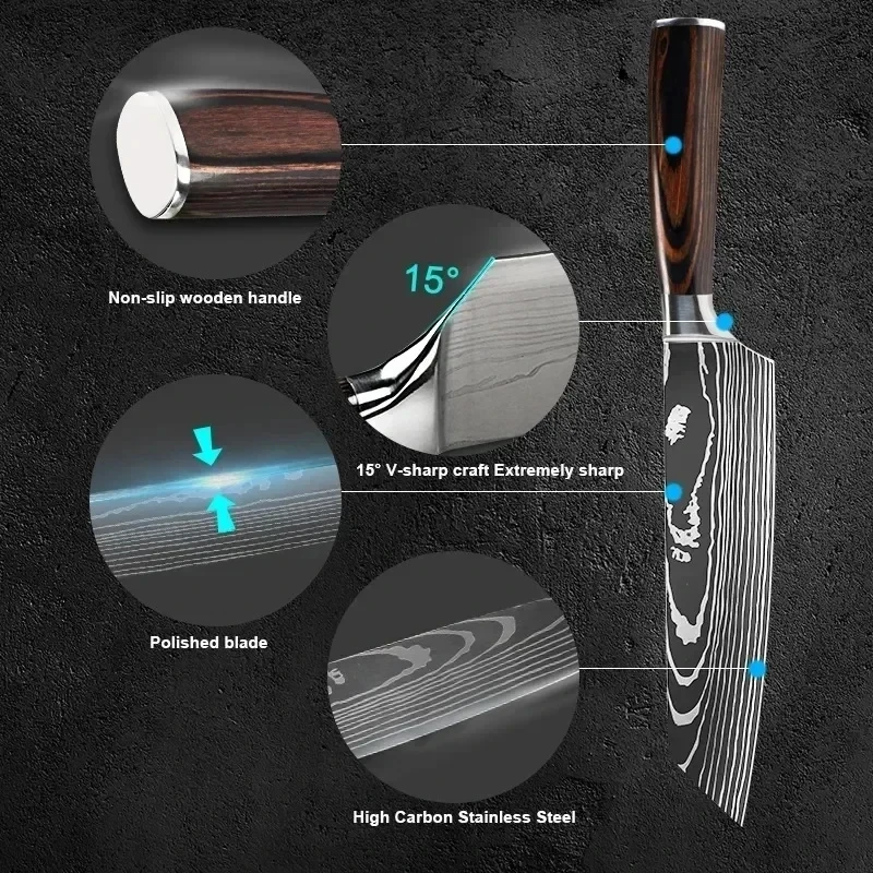 Küchenmesser Set Edelstahl Laser Damaskus japanischen Koch Fleisch schneiden Utility Obstbrot Knochen messer Schere (1-11 stücke)