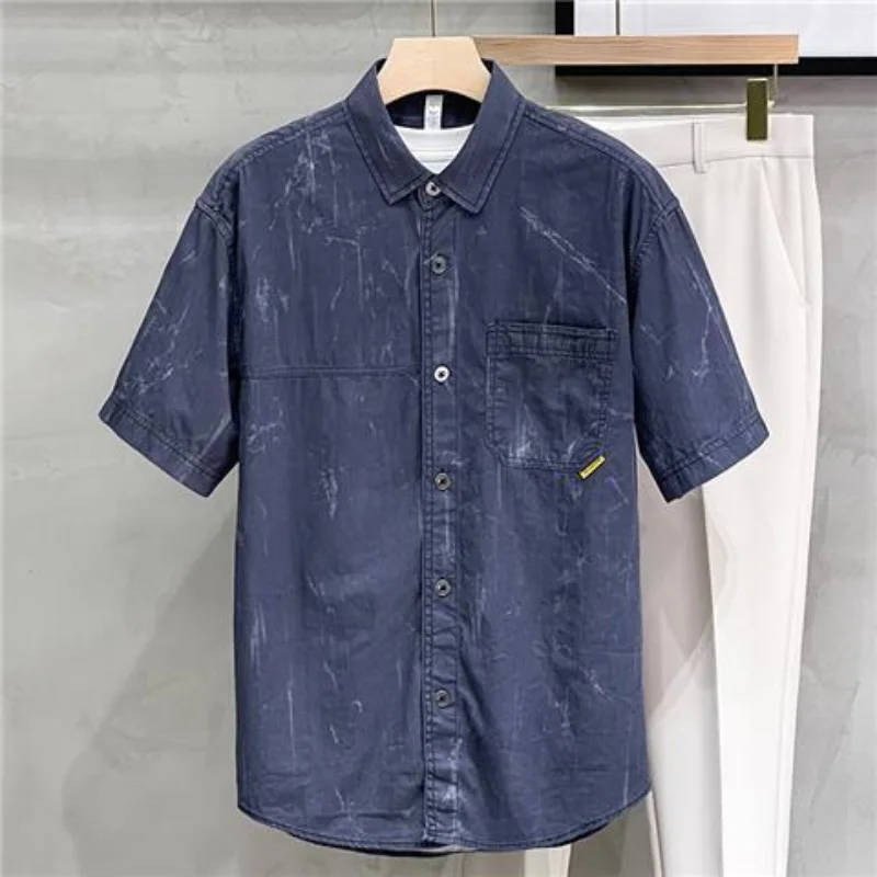 2023 New Men's Clothing Summer Short Sleeve Turtleneck Commuter Casual Fashion Solid Color Loose Pockets Button Shirt T-shirt