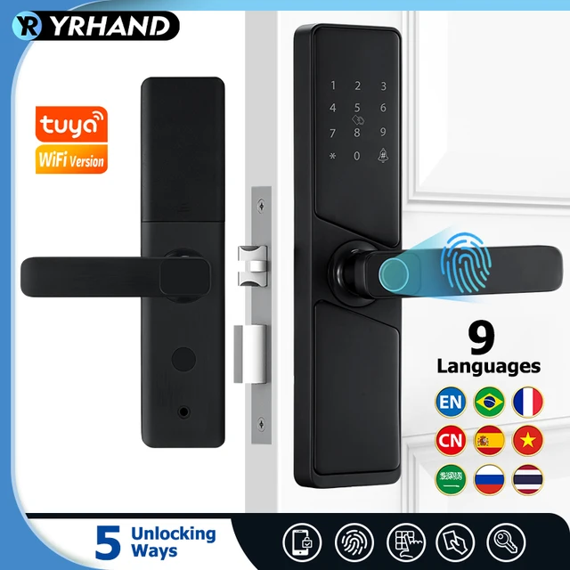 ล็อคประตูอิเล็กทรอนิกส์อัจฉริยะ 9 ภาษาพร้อมอินเทอร์เฟซลายนิ้วมือ Biometric Tuya Wifi Home Security 1