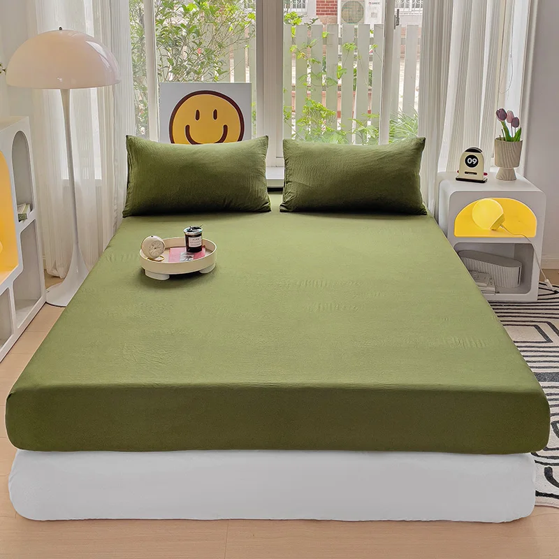 Washed Cotton Fitted Sheet with Elastic Bands Non Slip Adjustable Mattress Cover for Double King Queen Bed 90x200 150x200 180 3