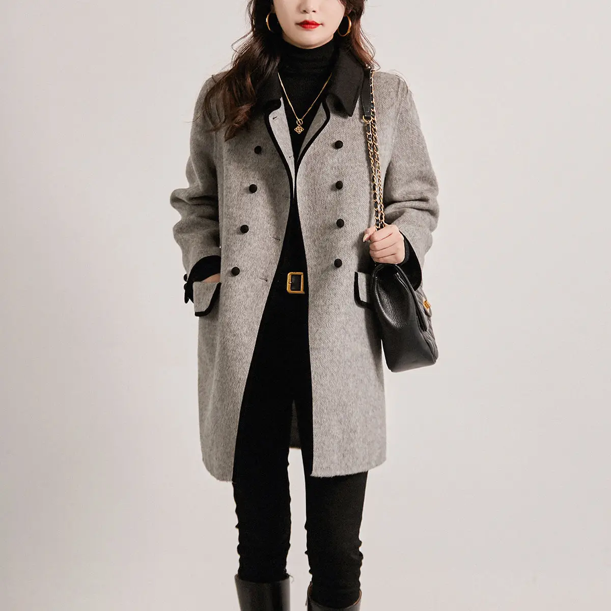 Main Mu Autumn Winter New Fashion Korean Edition Slim Casual Versatile Temperament Contrasting Color Small Collar Woolen Trench