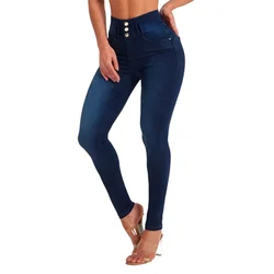 Three Buttons Splicing High Waist Pencil Jeans Women 2023 Fashion Commuter Hip Lift Denim Pants Female Slim Fit Stretch Trousers