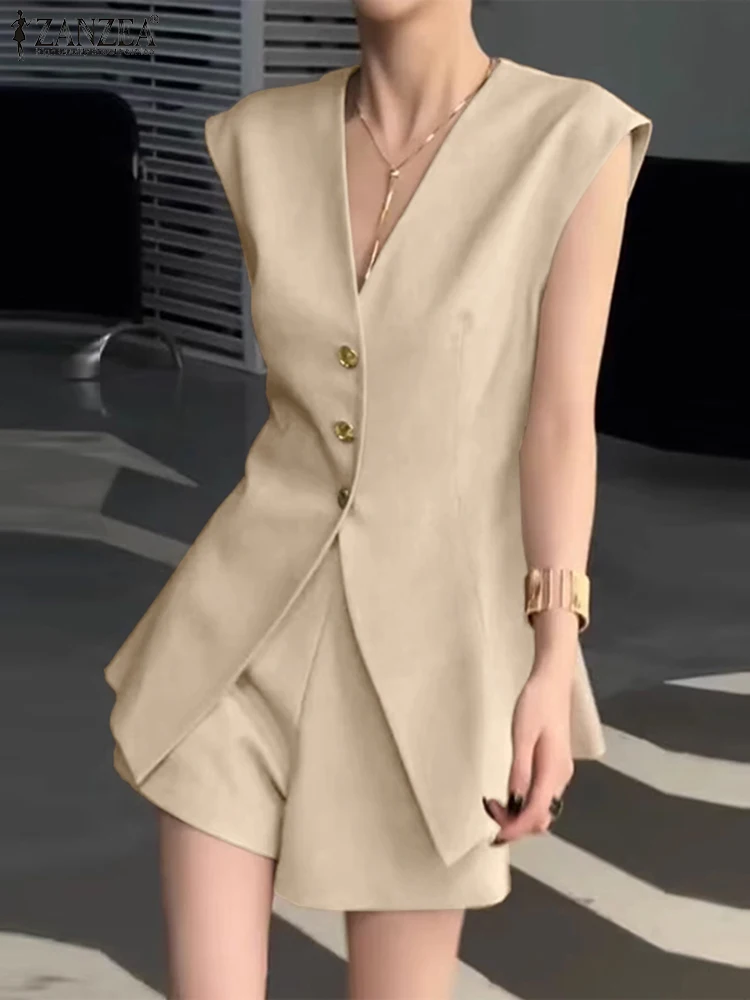 

ZANZEA Summer Elegant OL Work Short Sets 2023 Fashion Women V Neck Sleeveless Tops Matching Sets Casual Urban Tracksuit 2PCS