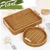 Multi-size Handwoven Rattan Storage Tray Round Wicker Basket Serving Tray With Wooden Handle Bread Food Plate Fruit Cake Platter 3