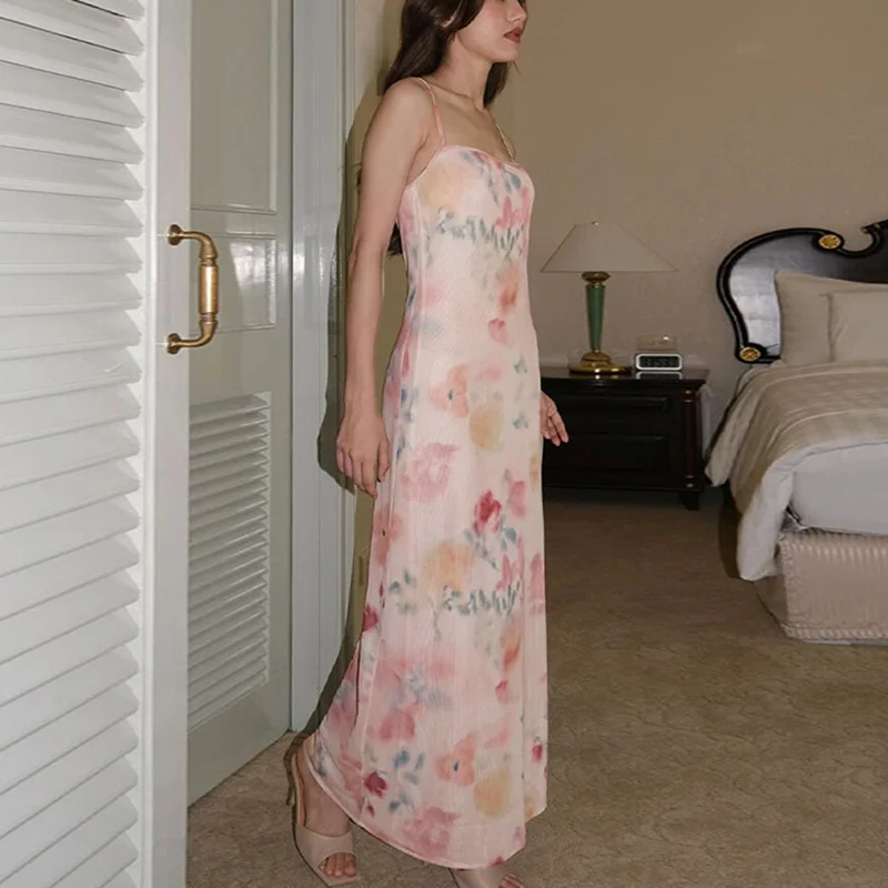 Summer Long Dress y2k Women Floral Print Square Neck Spaghetti Strap Sleeveless Bodycon Dress 2000s Club Party Dresses