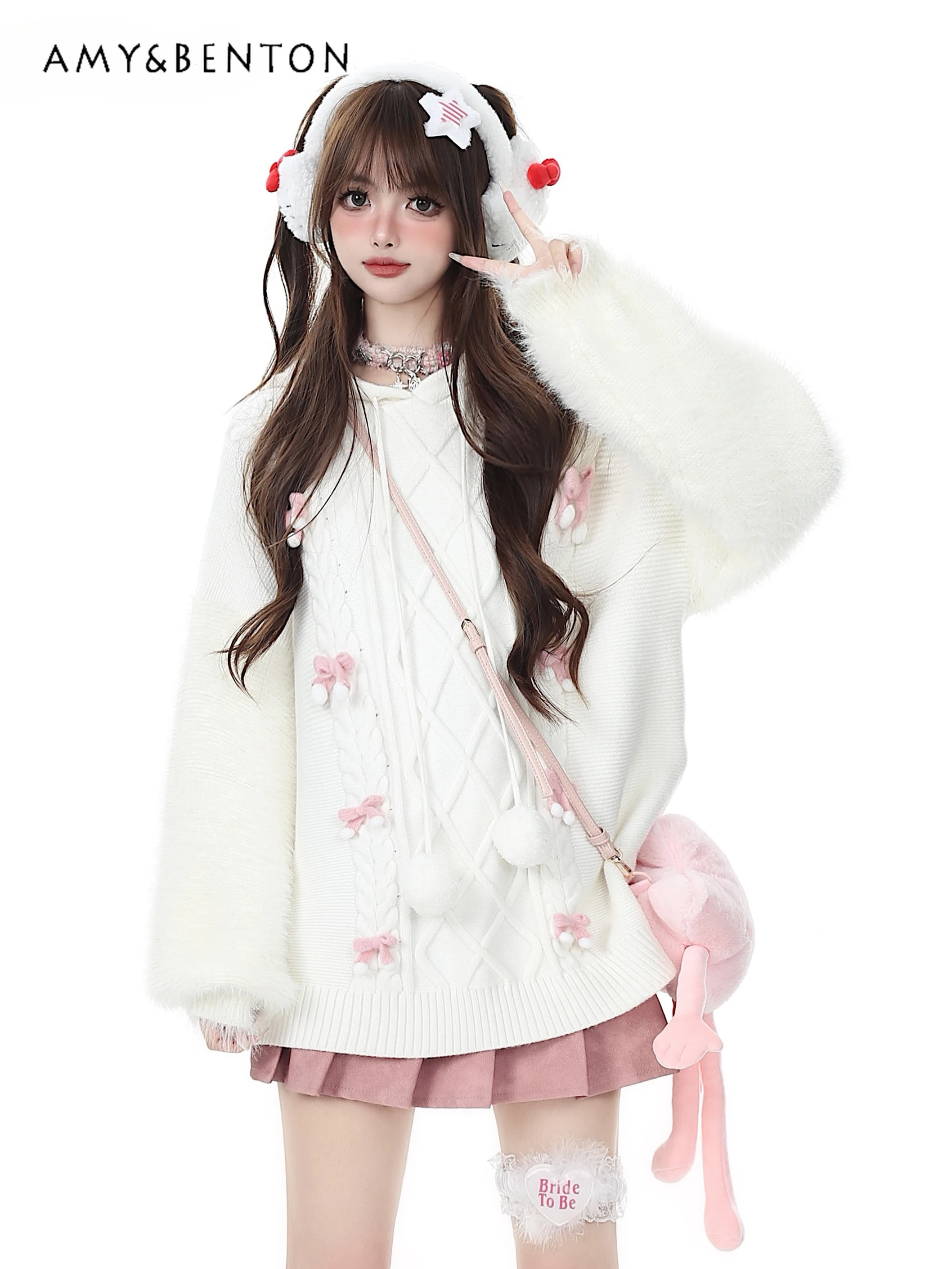 

Sweet Girl Cute 3D Bow Plush Long Sleeve Hooded Sweater Winter New Preppy Style Loose Casual Soft Pullover Y2K Oversized Sweater