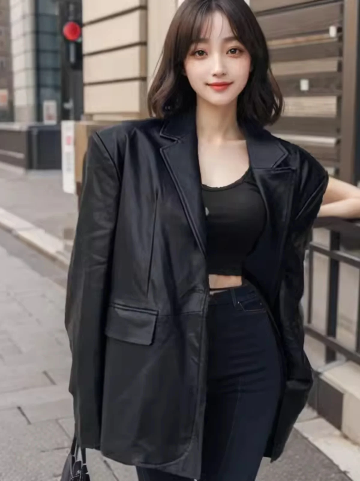 Korean Style Streetwear Leather Suit Jackets Women Long Sleeves Single Button Casual Motorcycle Coats Fashion Trend Overcoats