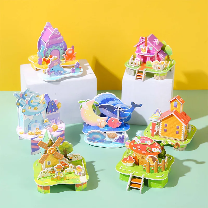 5Pcs Cartoon 3D House Building Model Paper Jigsaw Puzzle Educational ...