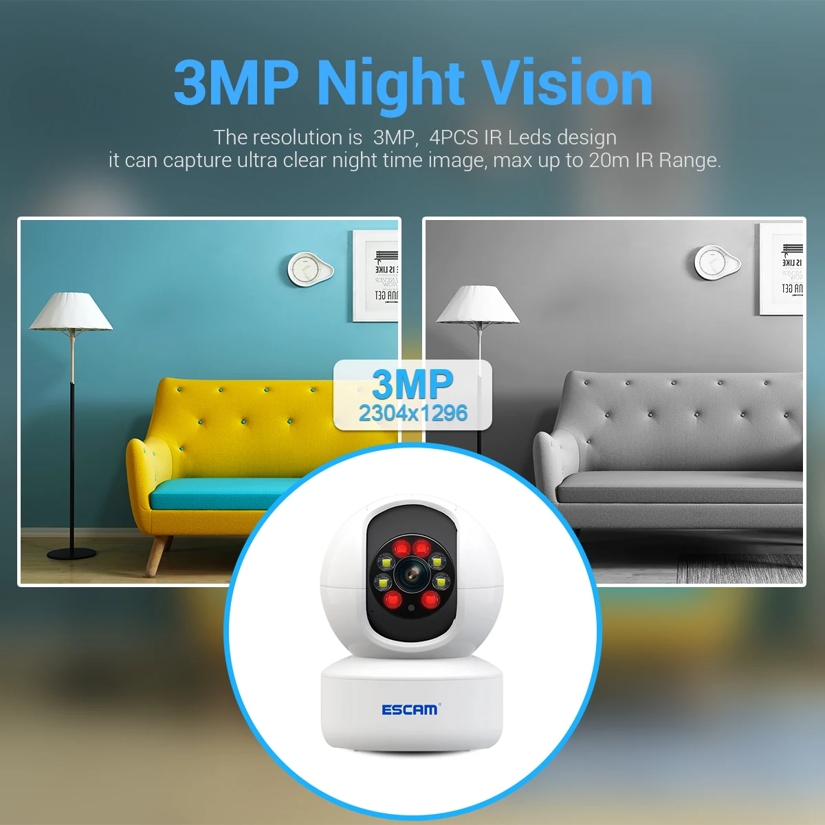 ESCAM QF005 3MP 1296P iCsee APP Wireless PTZ IP Dome Camera AI Humanoid Auto Tracking Full Color Home Security Baby Monitor images - 6