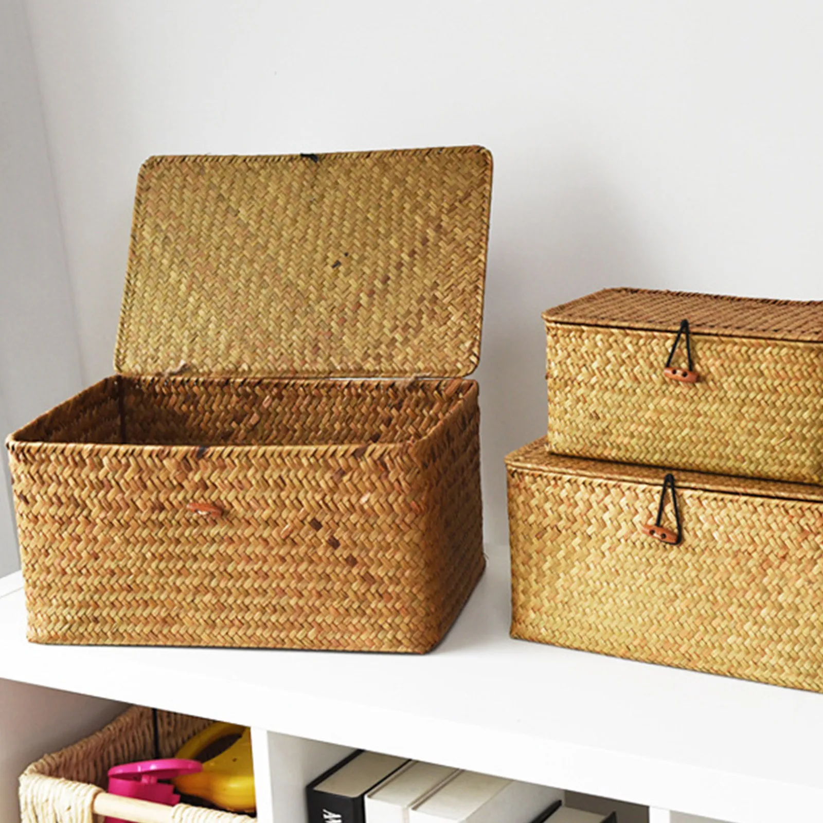 1pc Handmade Seagrass Woven Storage Box Seaweed Storage Finishing Basket with Lid Sundry Bath Cosmetic Towel Container mx0116182