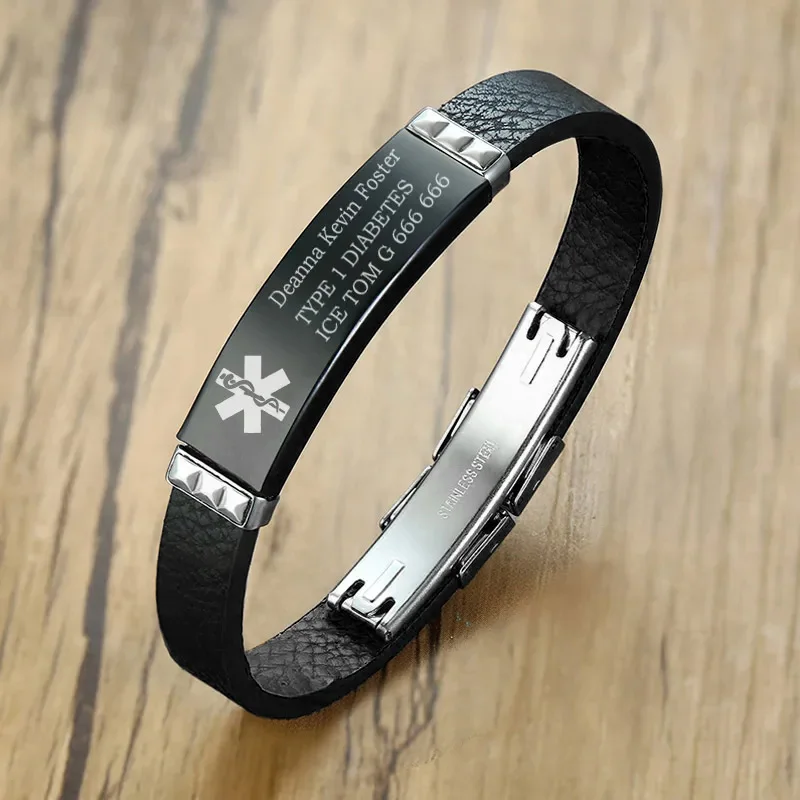 Medical Black Geruine Leather Bracelet for Men,Free Engraving Medical Alert ID Tag DIABETES Personalized  Wristband