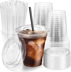 Crystal Clear 12oz Disposable Cups with Lids and Straws - 100pcs (Black Flat)