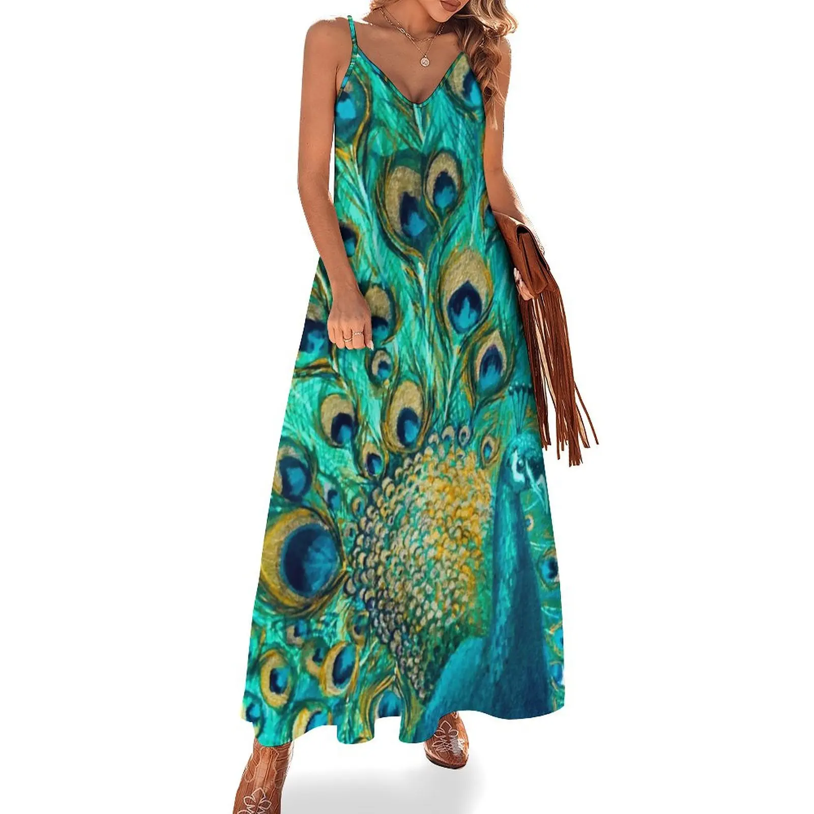 

Colourised Aqua Peacock Sleeveless Dress dresses for women 2024 luxury designer party Female dress