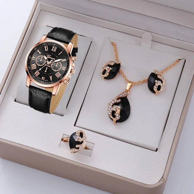 5pcs-Elegant Womens Roman Watch Set Circular Analog Display