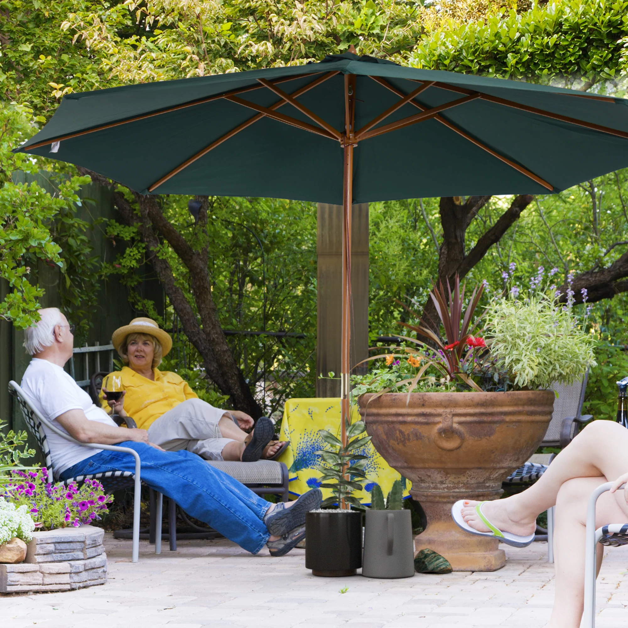 Outsunny 3(m) Garden Parasol, Pulley Operated Patio Umbrella, Wooden ...