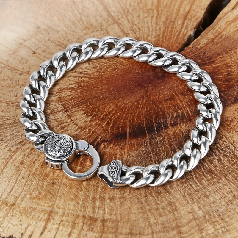 

New S925 Silver Men Bracelet 9MM Aggressive Personality Six-Character Truth Motorcycle Chain Fashion Jewelry Accessories