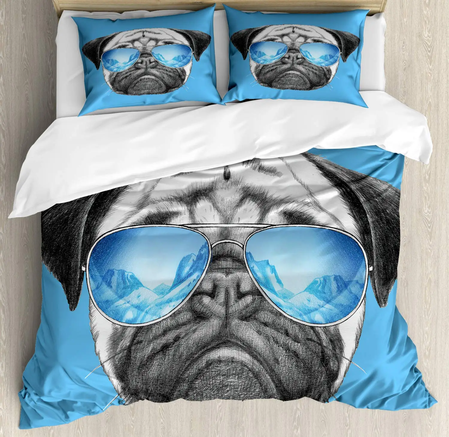 

Pug Duvet Cover Set, Puppy Lying Around Pet, Decorative 3 Piece Bedding Set with 2 Pillow Shams, Queen Size, Pale Brown Black
