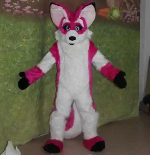 

Pink Red Long Fur Furry Fox Wolf Husky Dog Mascot Costume Fursuit Adult Cartoon Annual Celebration Amusement Park