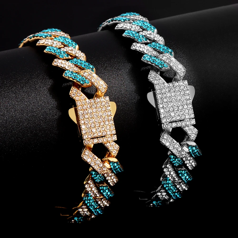 ラブブ　energy Hiphop 14MM Blue Rhombus Cuban Link Chain Necklace For Men