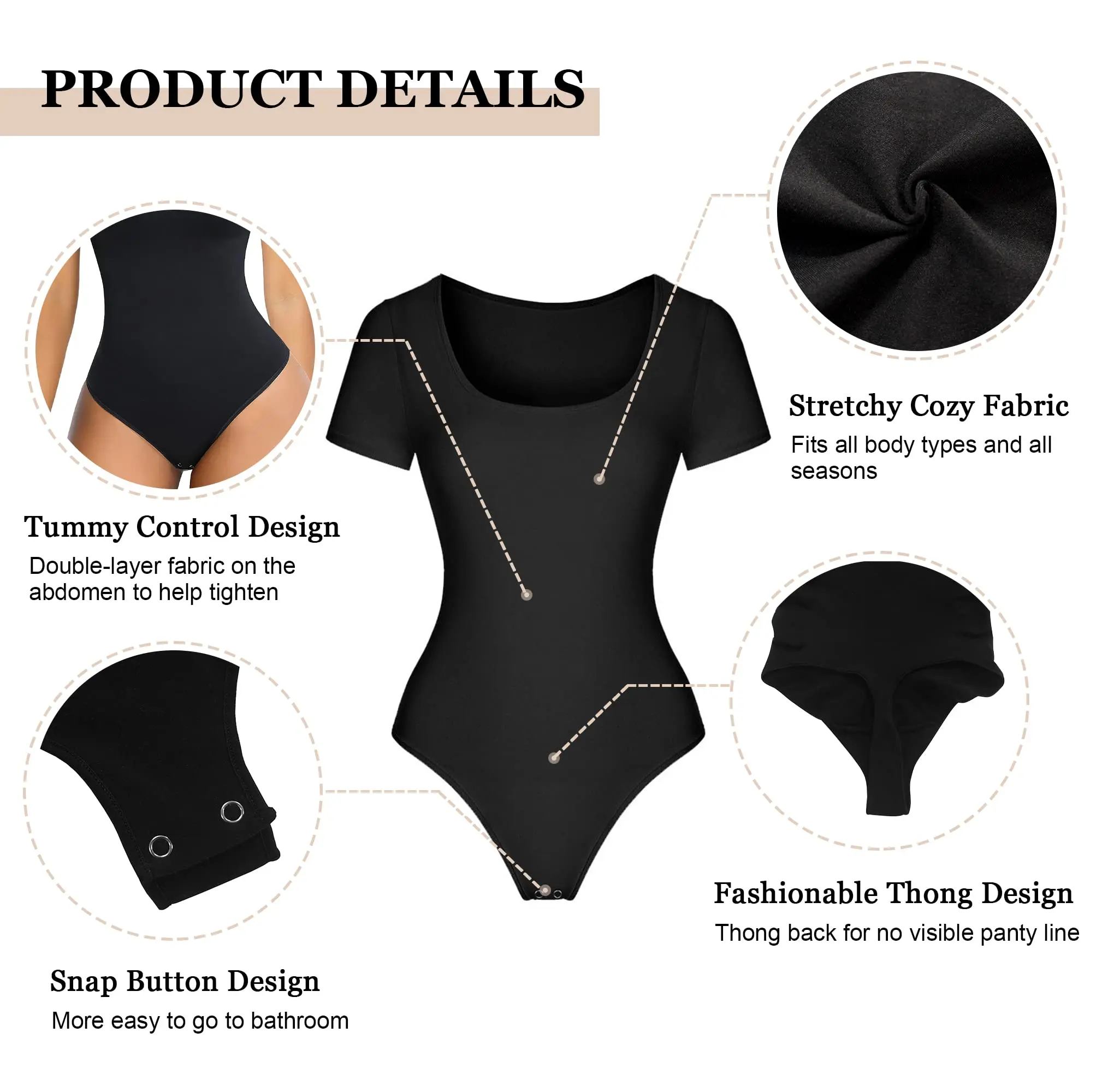 Shapewear Bodysuit for Women Tummy Control Shapewear Seamless Short Sleeve Scoop Neck Thong Sculpting Body Shaper Slim Underwear