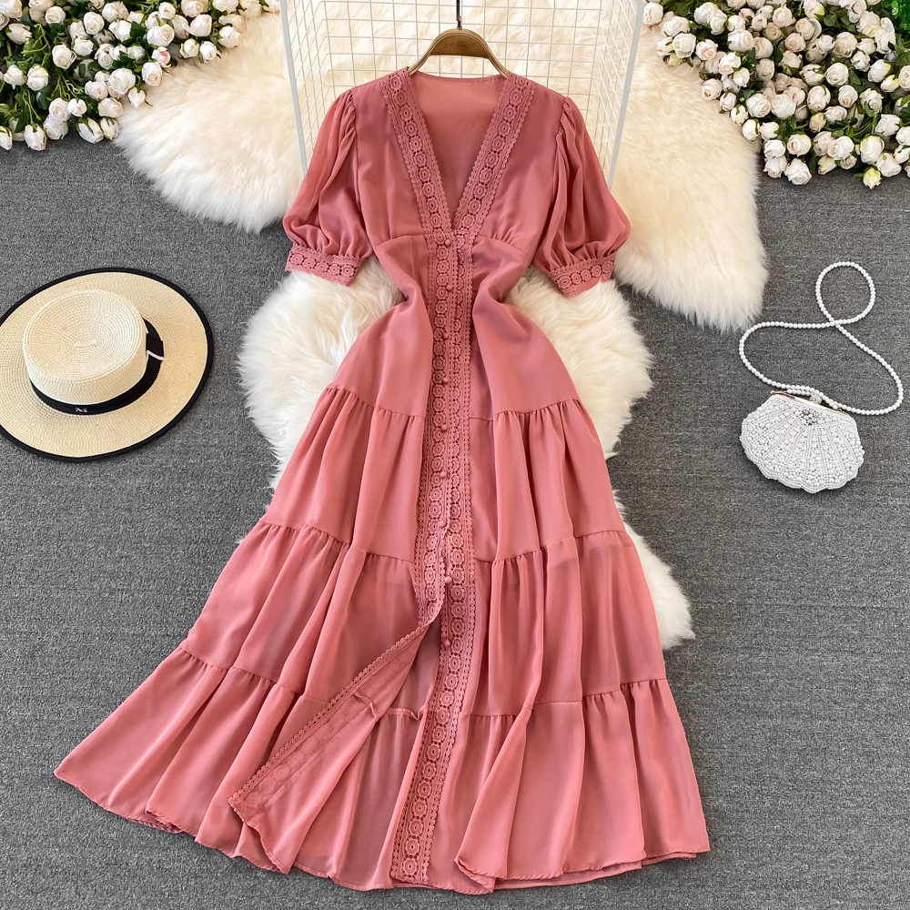 New Women Vintage Party Dress Summer Puff Sleeve Sexy V Neck Lace Single-breasted Long Dresses Ladies A Line Elegant Long Robe