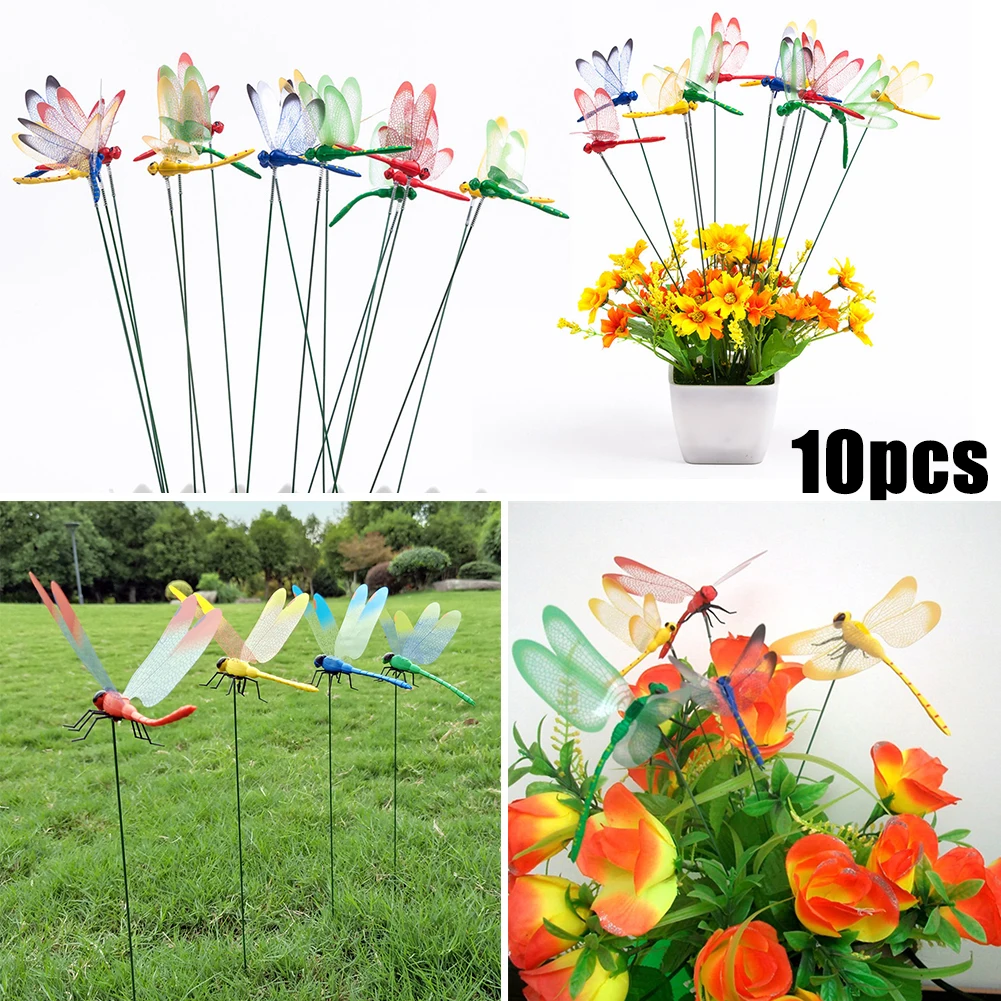 

10Pcs/lot Artificial Dragonfly Butterflies Garden Decoration Outdoor 3D Simulation Dragonfly Stakes Yard Plant Lawn Decor Stick