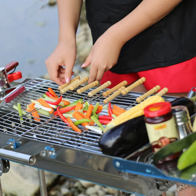 10Db/Beállított Fa Fogantyú Bbq Nyárs Élelmiszer -Hús Szerszám Grillezőbotok Kemping Zongora Hőálló Barbecue Tűk - Image 2