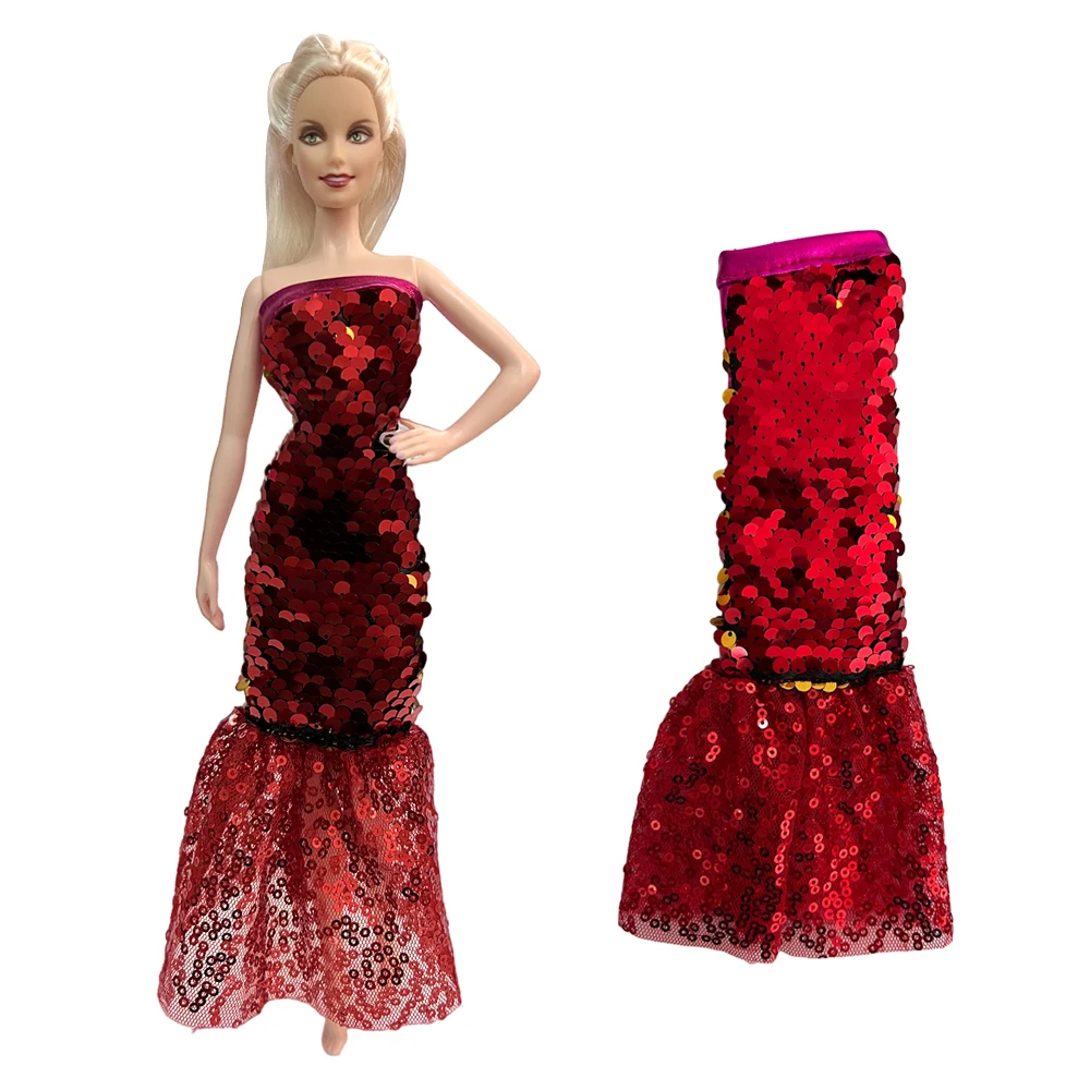 Nk 1 Set Fashion Doll Dress Red Wedding Party Gown Princess Mermaid Skirt Paillettes Clothes For Barbie Doll Accessori Toy