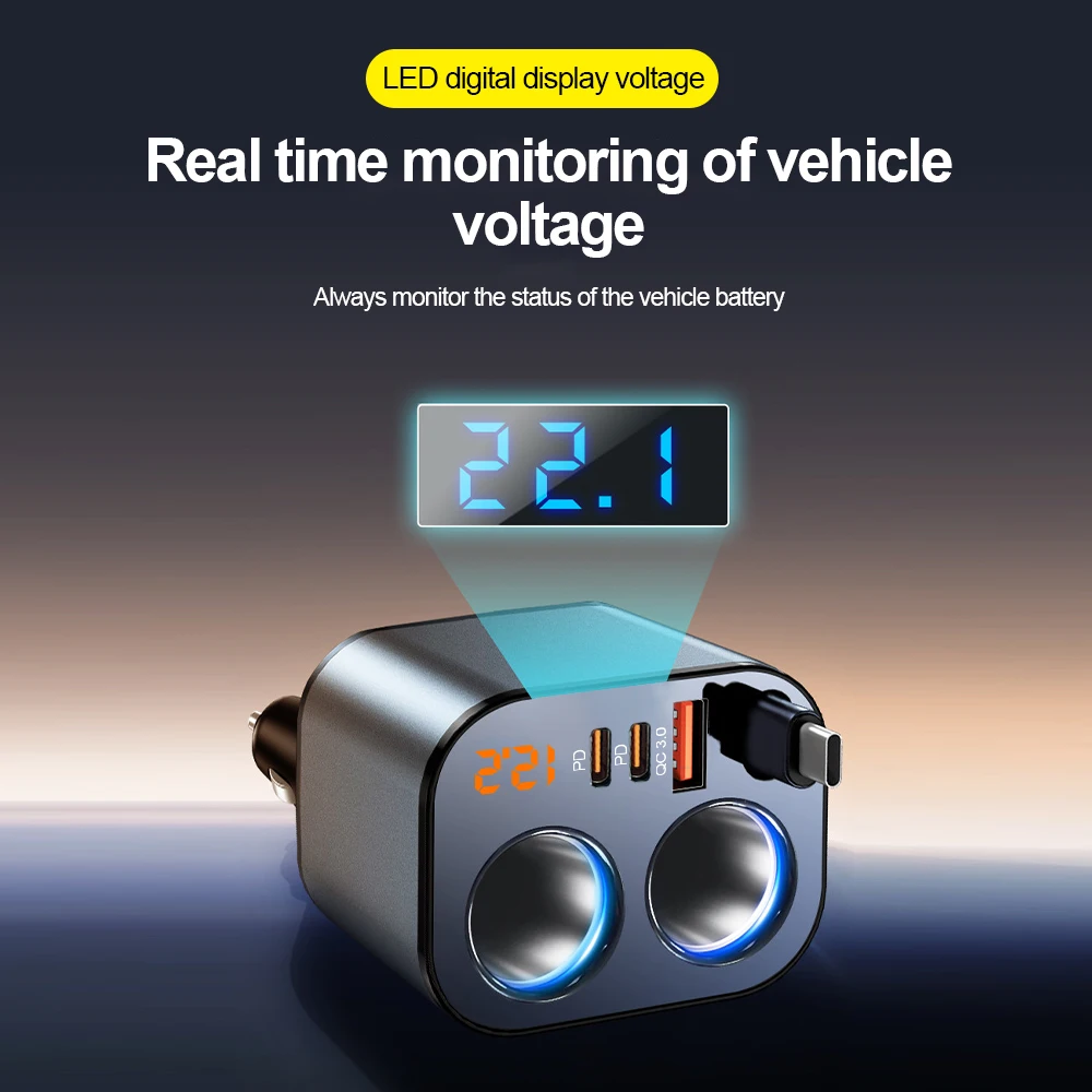 200W 최대 6 in 1 차량용 휴대폰 충전기 100W 시가 라이터 어댑터 PD30W QC3.0 초고속 충전 전원 어댑터 12-24V 범용