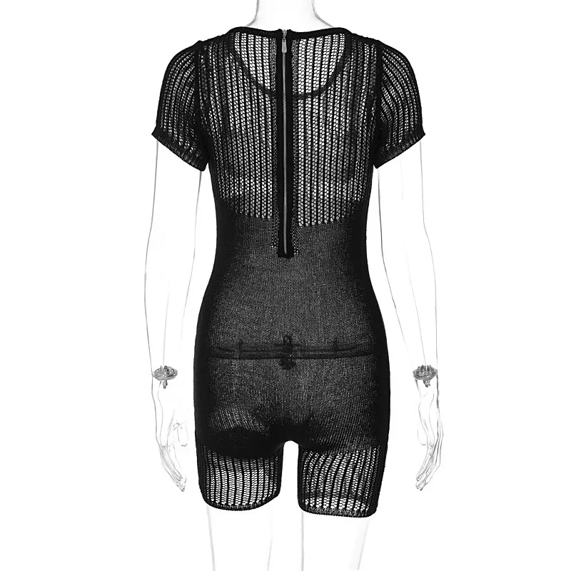 Knitted Hollow Out Summer Playsuits Women O Neck Short Sleeve Skinny Shorts Jumpsuits Fashion Casual Beach Romper Streetwear