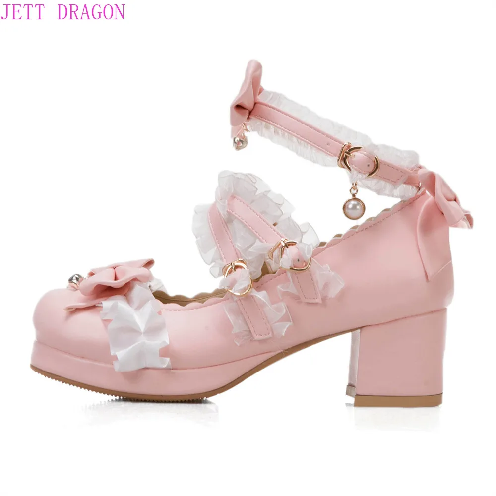 2024 Women High Heels Cross Strap Mary Jane Pumps Party Wedding White Pink Black Ruffles Bow Princess Cosplay Lolita Shoes 41