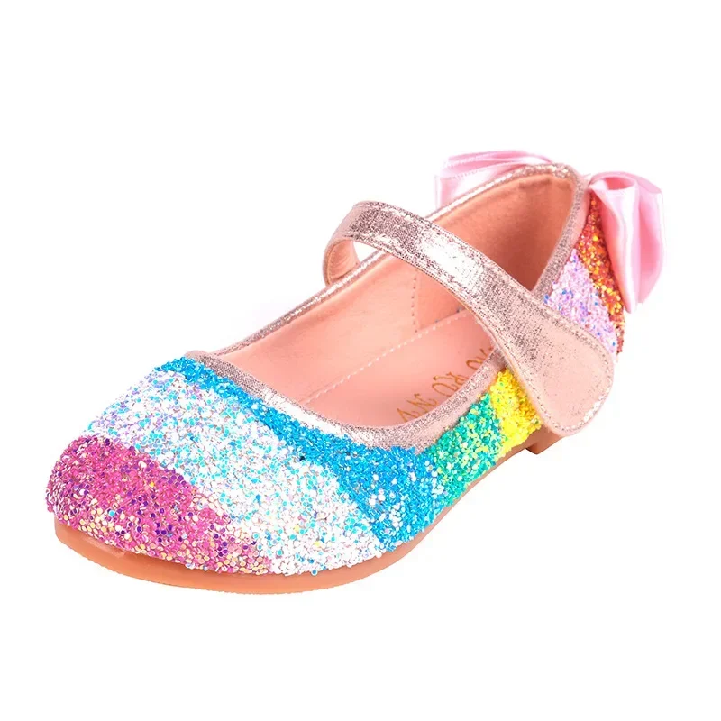 Girls leather shoes mary jane shoes spring soft sole rainbow sequins dress princess kids shoes