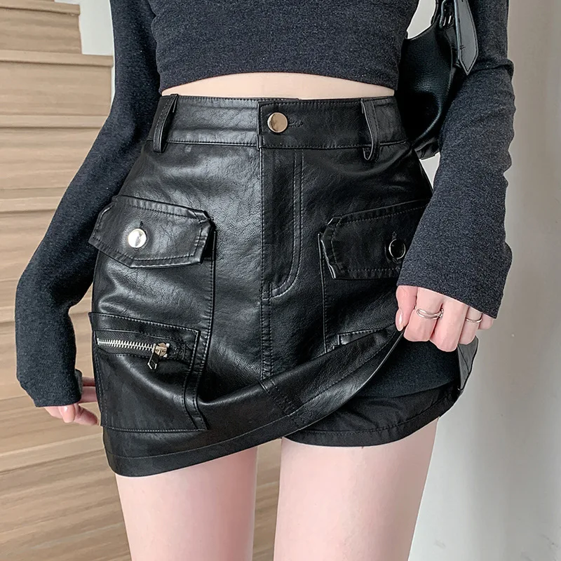 ZXRYXGS Zipper Pocket Premium Pu Leather Skirts Fashionable