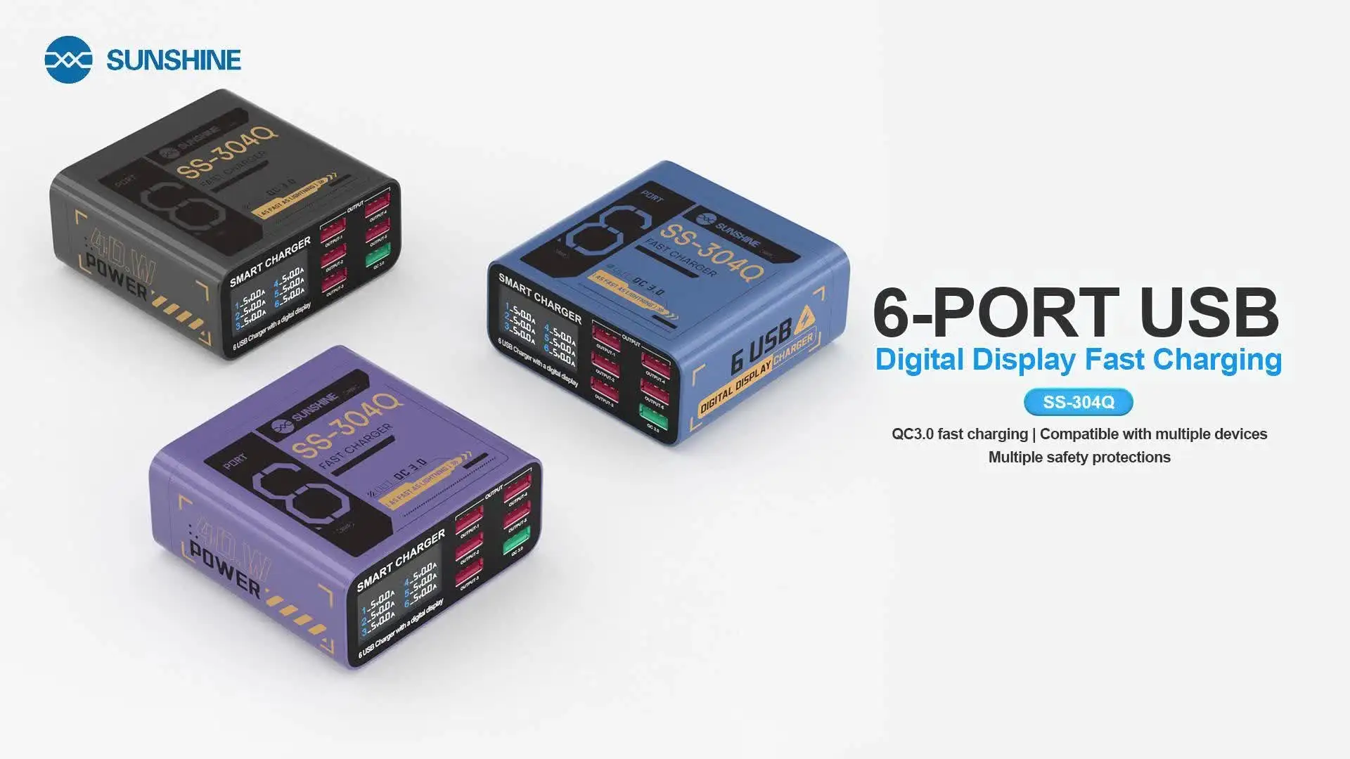 SUNSHINE SS-304Q 6-портовый USB-цифровой дисплей Быстрая зарядка QC3.0 Совместимость с