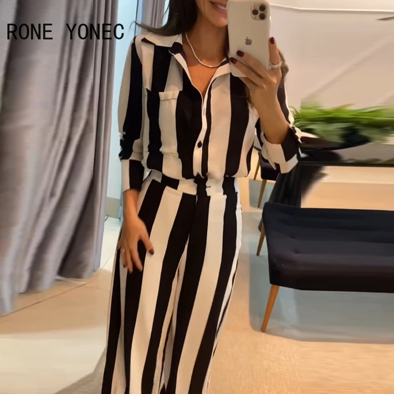 Women Striped Long Sleeves Turn Down Neck Wide Leg Casual Fashion Working Jumpsuit