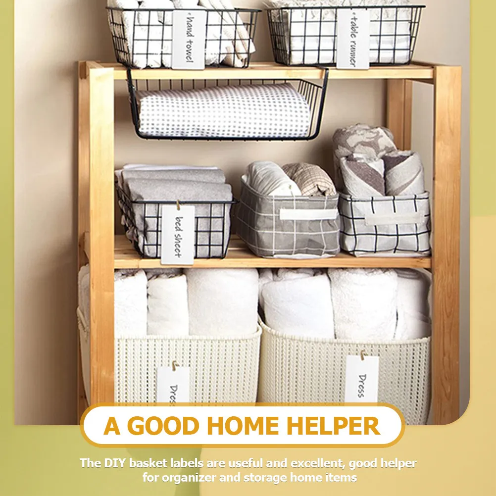 16Pcs 바구니 보관 용기 용 흰색 아크릴 바구니 라벨 끈이있는 걸이형 정리 태그 심플한 디자인 간편한 청소