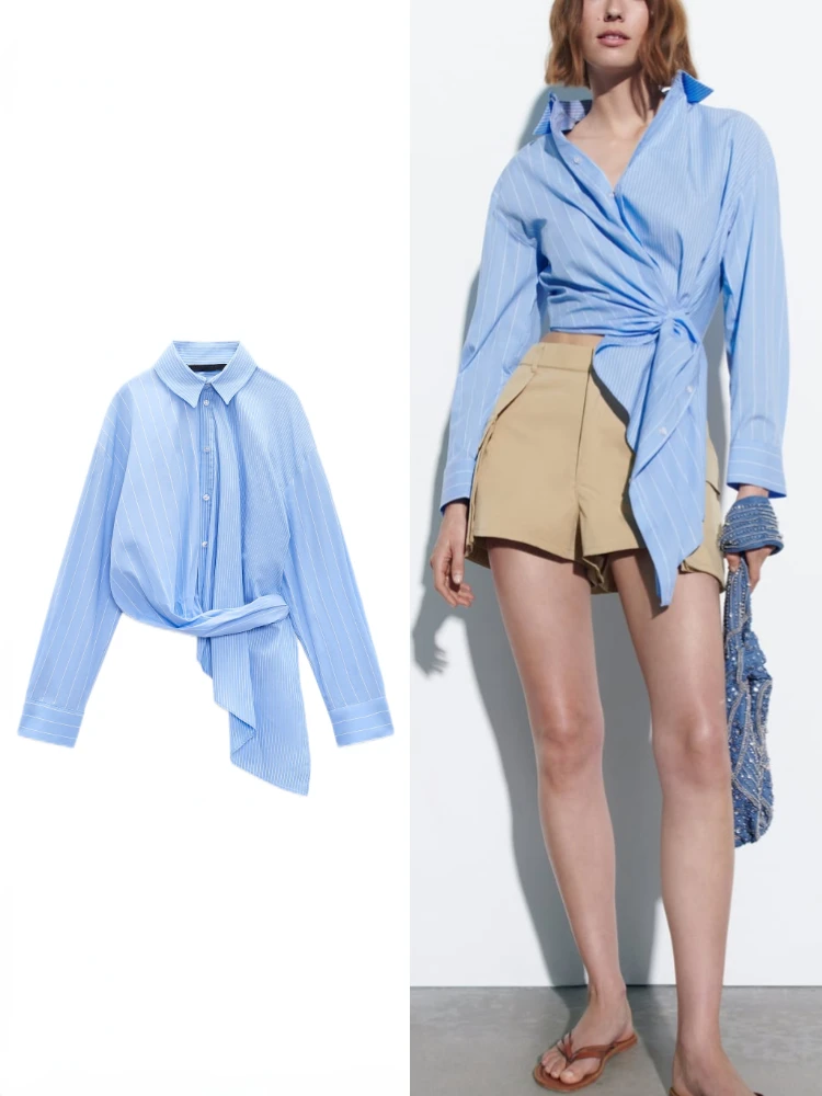 

Женский однобортный Топ с отложным воротником и длинными рукавами, модная свободная Асимметричная рубашка в полоску с отстрочкой на подоле, весна-лето