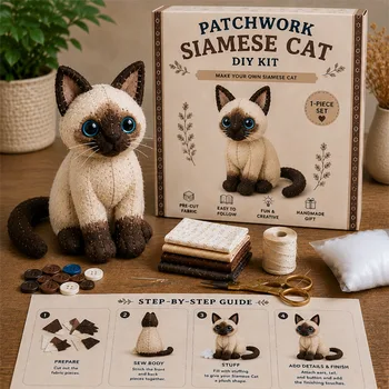 Kit Fai-da-Te per Cucire un Gatto in Patchwork, Guida Passo-Passo, Tessuto Pre-Tagliato, Imbottitura e Bottoni Inclusi