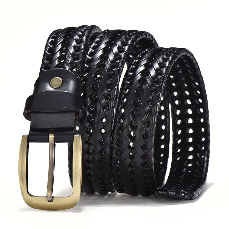 Men's Genuine Leather Braided Belt with Gold Pin Buckle - Vintage Casual Strap