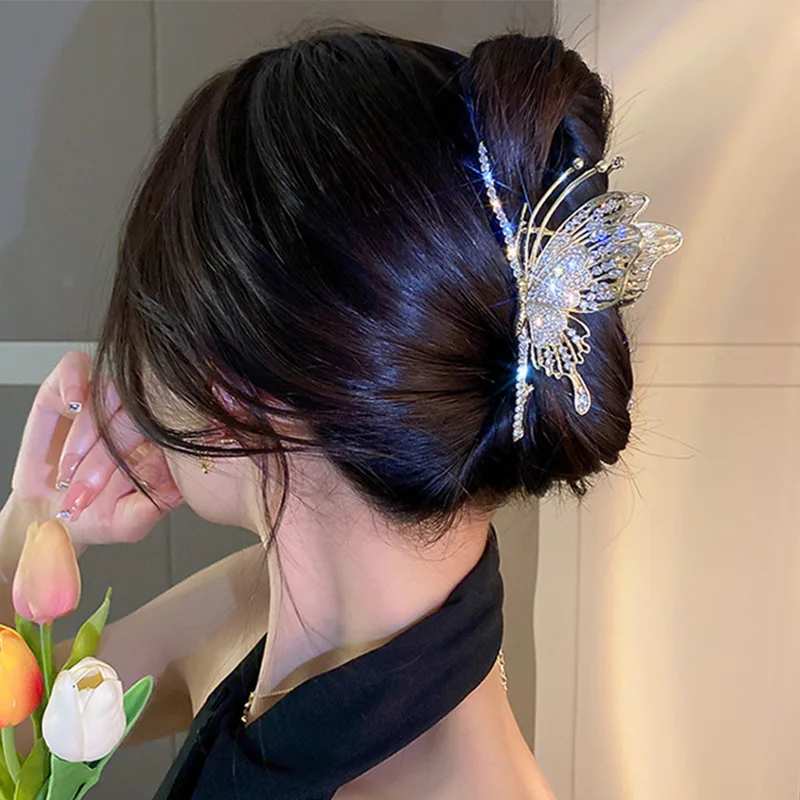 

1PC Rhinestone Butterfly Hair Clip Shark Clip Hairgrip Metal Hair Claw Hair Barrette Hair Accessories Women Crystal Large